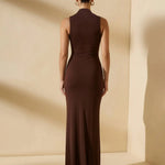 Brown Sleeveless Twist-Front Maxi Dress