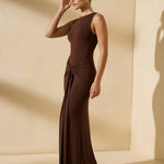 Brown Sleeveless Twist-Front Maxi Dress