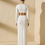 White Ruched Twist Crop Top And Midi Skirt Set