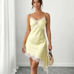Yellow Satin Slip Dress With Lace Trim And Asymmetric Hem