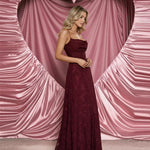 Wine Red Floral Lace Up Backless Maxi Dress