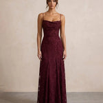 Wine Red Floral Lace Up Backless Maxi Dress