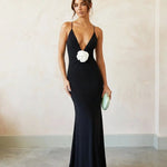 Black Deep V-Neck Backless Maxi Dress With Flower
