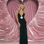 Black Deep V-Neck Backless Maxi Dress With Flower