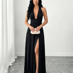 Black Deep V Halter High Slit Maxi Dress