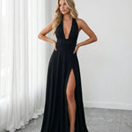 Black Deep V Halter High Slit Maxi Dress