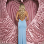 Blue Deep V Halter Neck With Pearl Chain Elegant Maxi Dress
