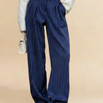 Blue Pinstripe High-Waisted Wide-Leg Pants