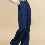 Blue Pinstripe High-Waisted Wide-Leg Pants