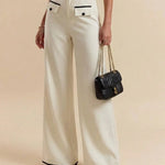 Apricot Contrast Trim High-Waisted Wide-Leg Pants With Faux Flap Pocket
