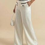 Apricot Contrast Trim High-Waisted Wide-Leg Pants With Faux Flap Pocket