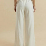 Apricot Contrast Trim High-Waisted Wide-Leg Pants With Faux Flap Pocket