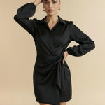 Black Satin Wrap Shirt Mini Dress With Self-Tie Waist
