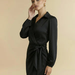 Black Satin Wrap Shirt Mini Dress With Self-Tie Waist