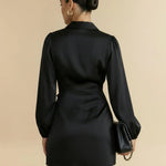 Black Satin Wrap Shirt Mini Dress With Self-Tie Waist