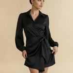 Black Satin Wrap Shirt Mini Dress With Self-Tie Waist
