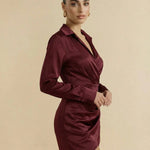Wine Red Satin Collared Wrap Asymmetric Hem Mini Dress