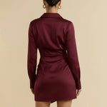 Wine Red Satin Collared Wrap Asymmetric Hem Mini Dress