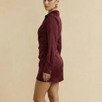 Wine Red Satin Collared Wrap Asymmetric Hem Mini Dress