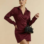 Wine Red Satin Collared Wrap Asymmetric Hem Mini Dress