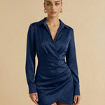 Navy Satin Wrap Collared V-Neck Mini Dress
