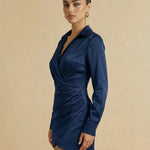 Navy Satin Wrap Collared V-Neck Mini Dress