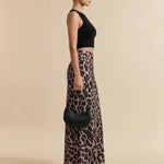 Brown Leopard Print Satin High Waist Maxi Skirt