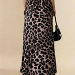 Brown Leopard Print Satin High Waist Maxi Skirt