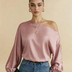 Pink Satin One-Shoulder Bishop Sleeve Blouse