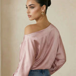 Pink Satin One-Shoulder Bishop Sleeve Blouse