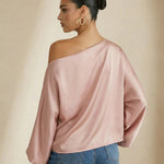 Pink Satin One-Shoulder Bishop Sleeve Blouse