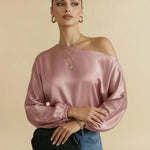 Pink Satin One-Shoulder Bishop Sleeve Blouse
