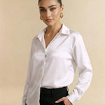 White Satin Button-Down Long Sleeve Blouse