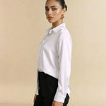 White Satin Button-Down Long Sleeve Blouse