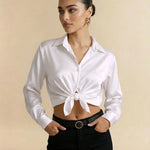 White Satin Button-Down Long Sleeve Blouse