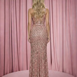Pink Sequin One-Shoulder Ruched High Side Slit Maxi Dress