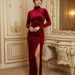 Wine Red Turtleneck Long Sleeve Maxi Dress