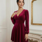 Burgundy Glitter Velvet V-Neck Mini Dress