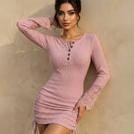 Pink Ribbed Knit Button Trim Ruched Mini Dress