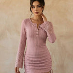 Pink Ribbed Knit Button Trim Ruched Mini Dress