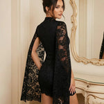 Black Lace Mock Neck Mini Dress With Cape Sleeves