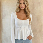 Square Neck Button Front Ruffle Trim Long Sleeve Peplum Top