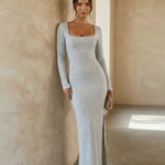 Gray Ribbed Knit Square Neck Twist Back Bodycon Maxi Dress