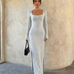 Gray Ribbed Knit Square Neck Twist Back Bodycon Maxi Dress