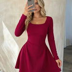 Wine Red Square Neck Long Sleeve Mini Dress