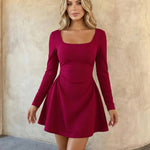 Wine Red Square Neck Long Sleeve Mini Dress