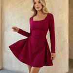 Wine Red Square Neck Long Sleeve Mini Dress