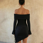 Black Off-The-Shoulder Crinkled Textured Mini Dress With Flared Cuffs