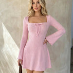 Pink Ribbed Knit Flared Sleeves Square Neck Mini Dress