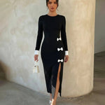 Black Contrast Cuff Side Slit Midi Dress With White Bow